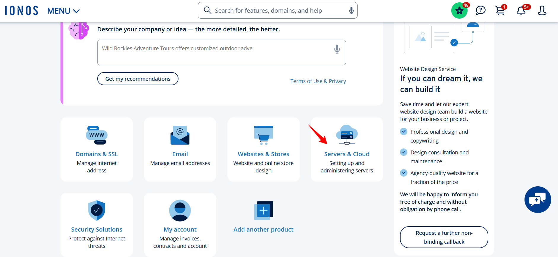 screenshot of IONOS dashboard 'Servers & Cloud' button