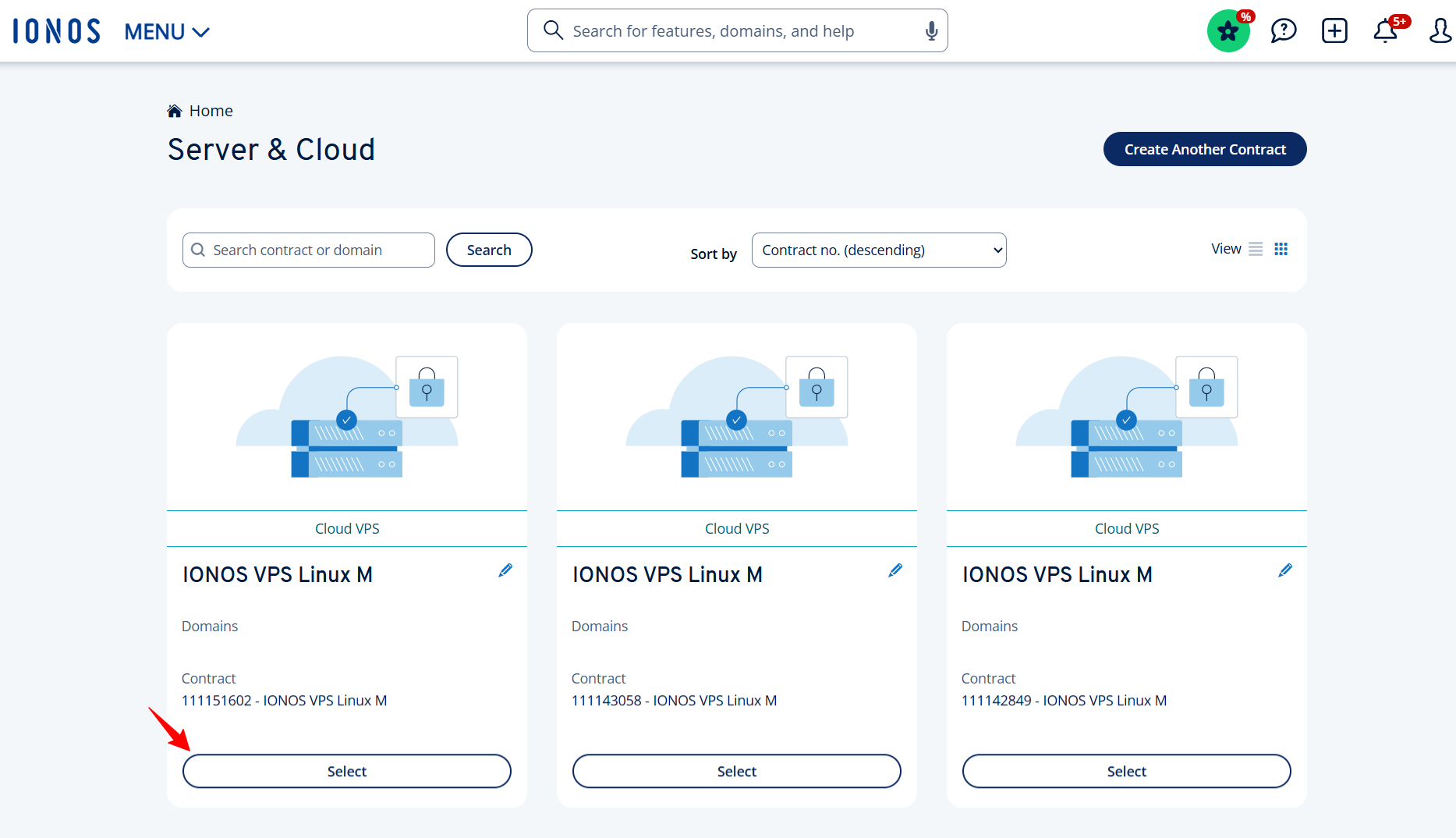 screenshot of IONOS dashboard 'Servers & Cloud' menu