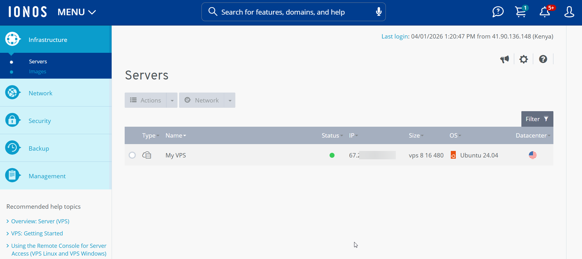 screenshot of IONOS dashboard Server management page