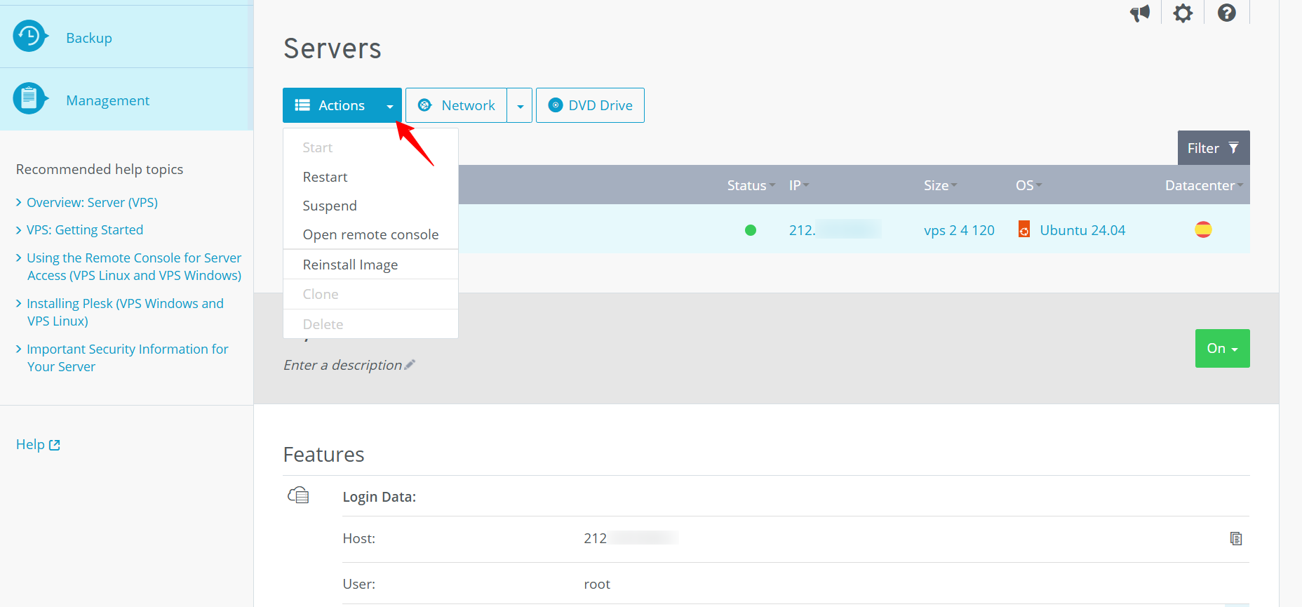 screenshot of IONOS dashboard Server tab 'Actions' dropdown menu