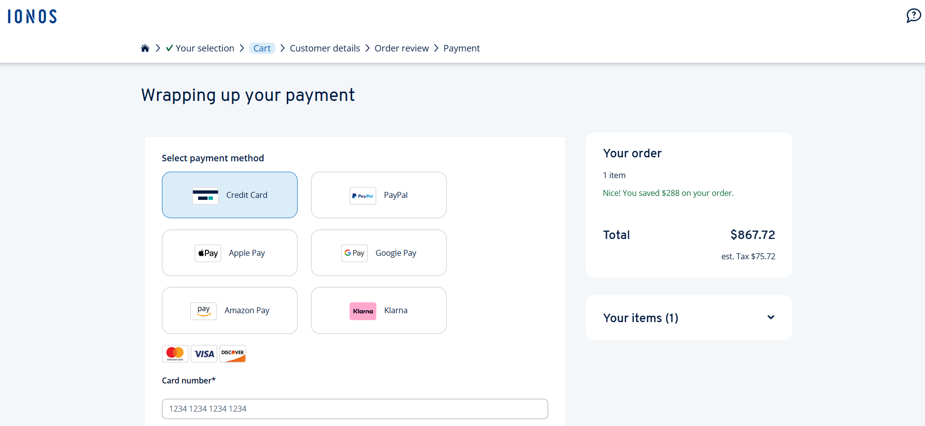 screenshot of IONOS payment methods