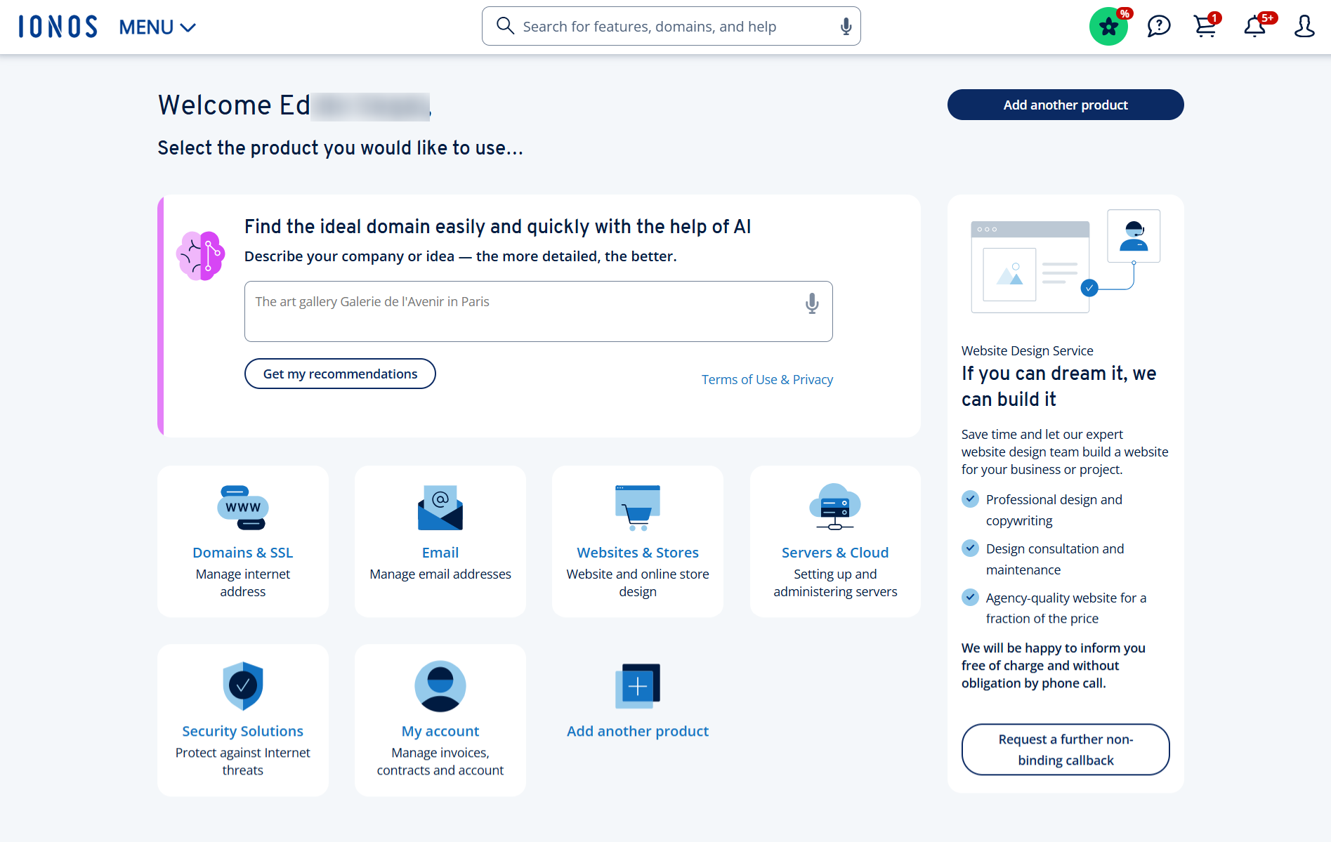 screenshot of IONOS dashboard