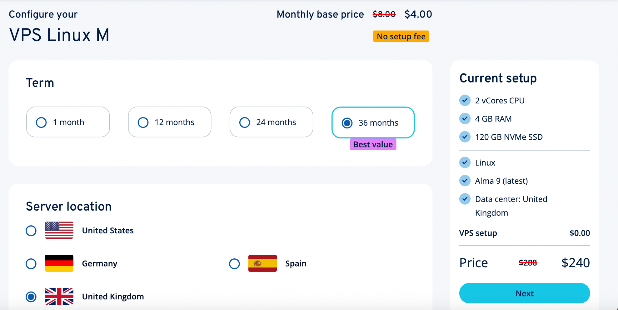 screenshot of IONOS VPS Hosting plan configurations