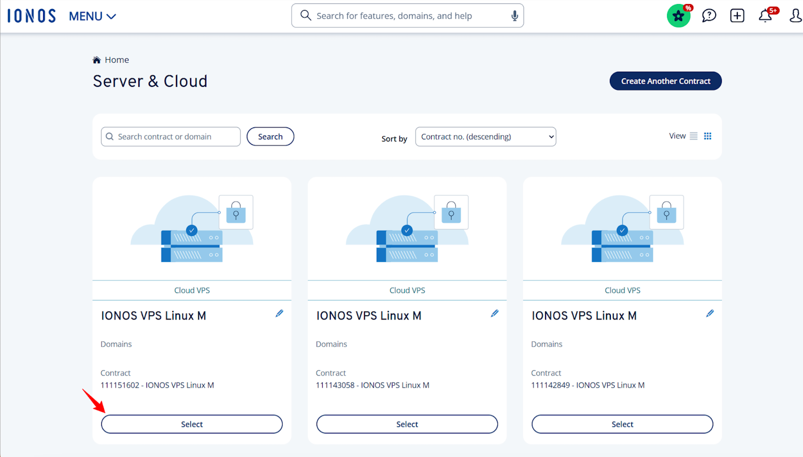 screenshot of IONOS dashboard 'Servers & Cloud' panel