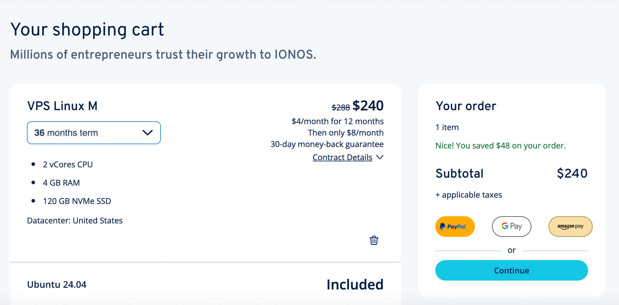 screenshot of IONOS billing terms