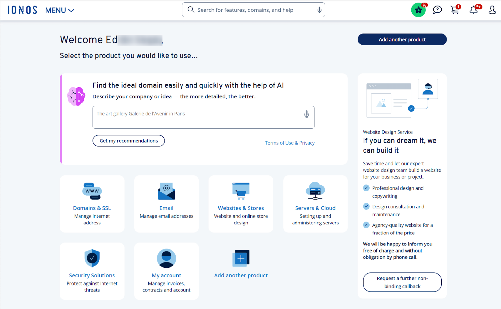 screenshot of IONOS dashboard