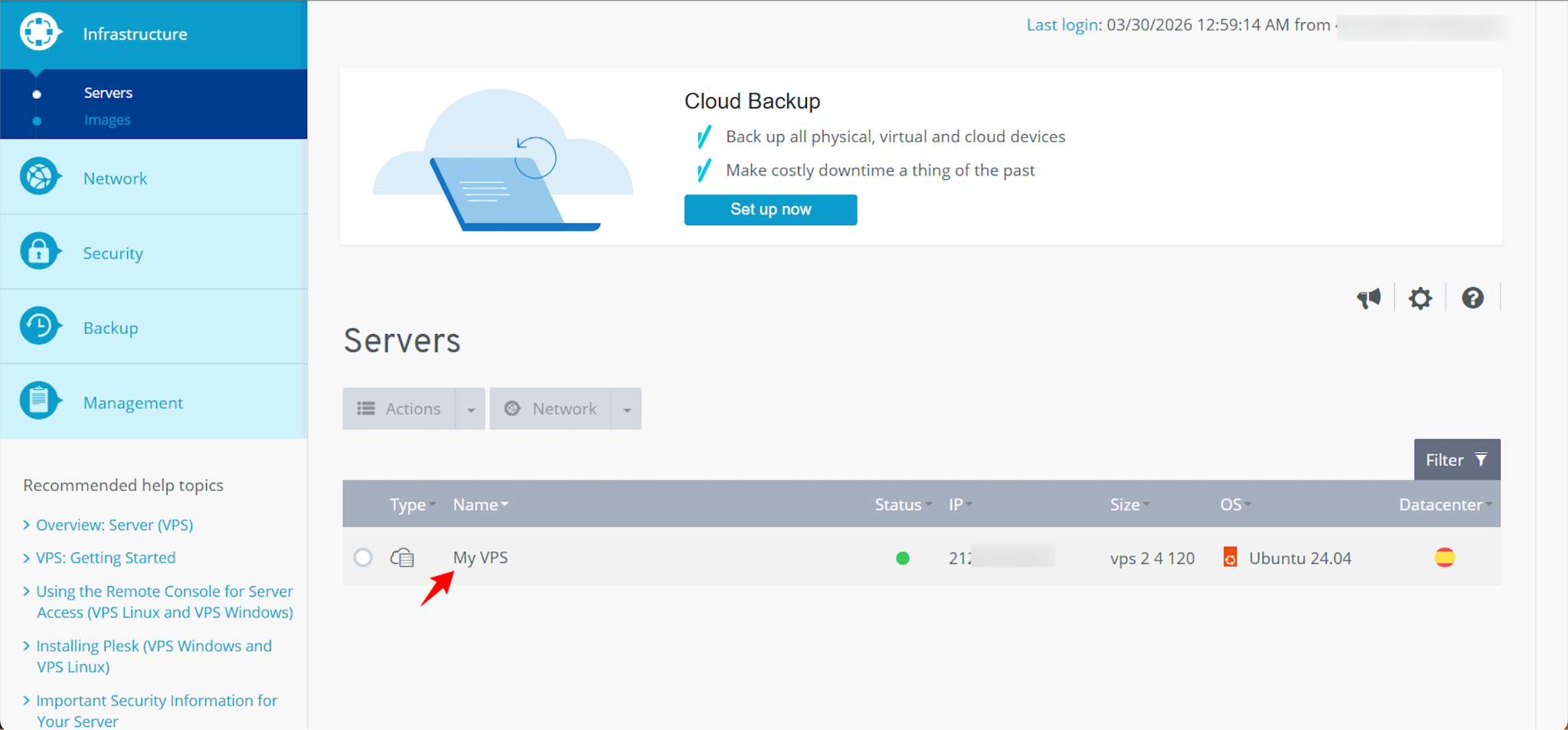 screenshot of IONOS dashboard Servers management page