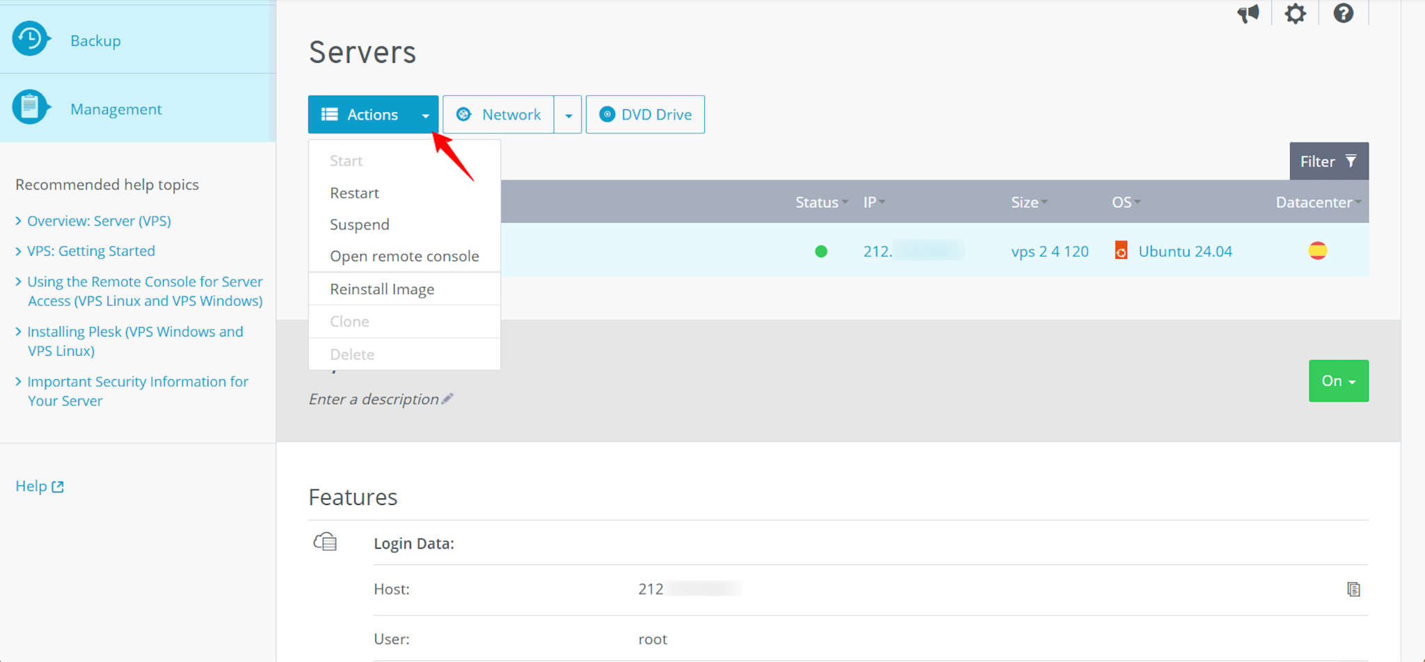 screenshot of IONOS dashboard Servers management page 'Actions' dropdown menu