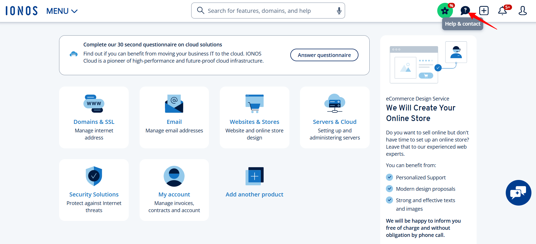 screenshot of IONOS dashboard 'Help & Contact' button