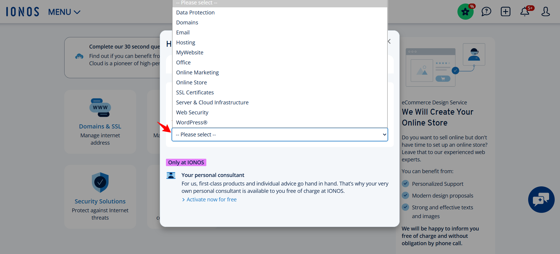 screenshot of IONOS dashboard 'Help & Contact' menu