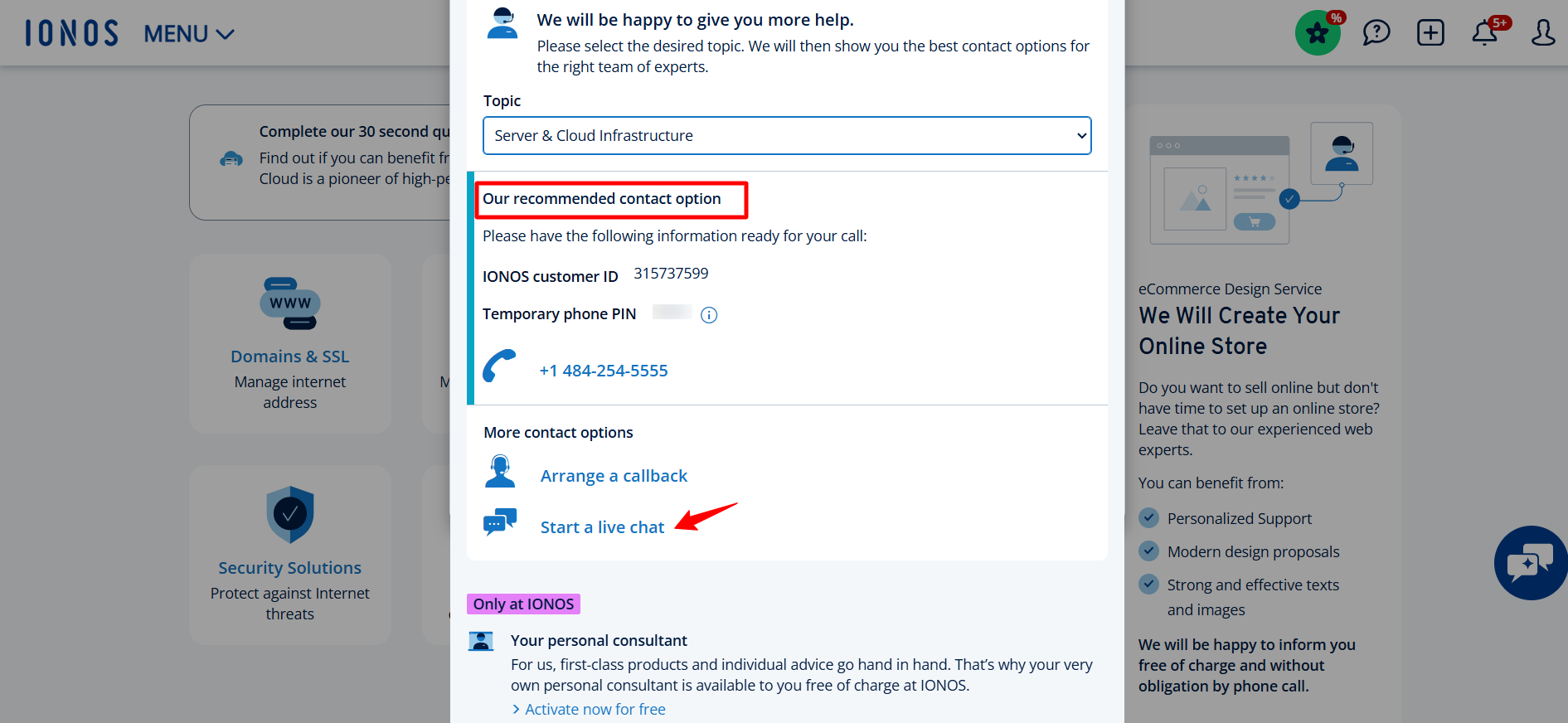 screenshot of IONOS dashboard 'Help & Contact' menu 'start a live chat' button