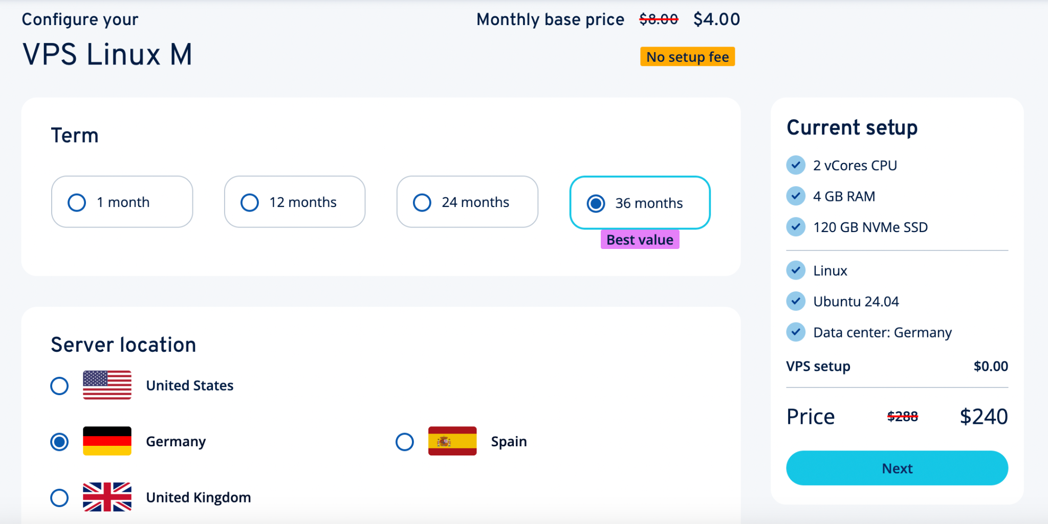 screenshot of IONOS VPS Hosting plan configuration