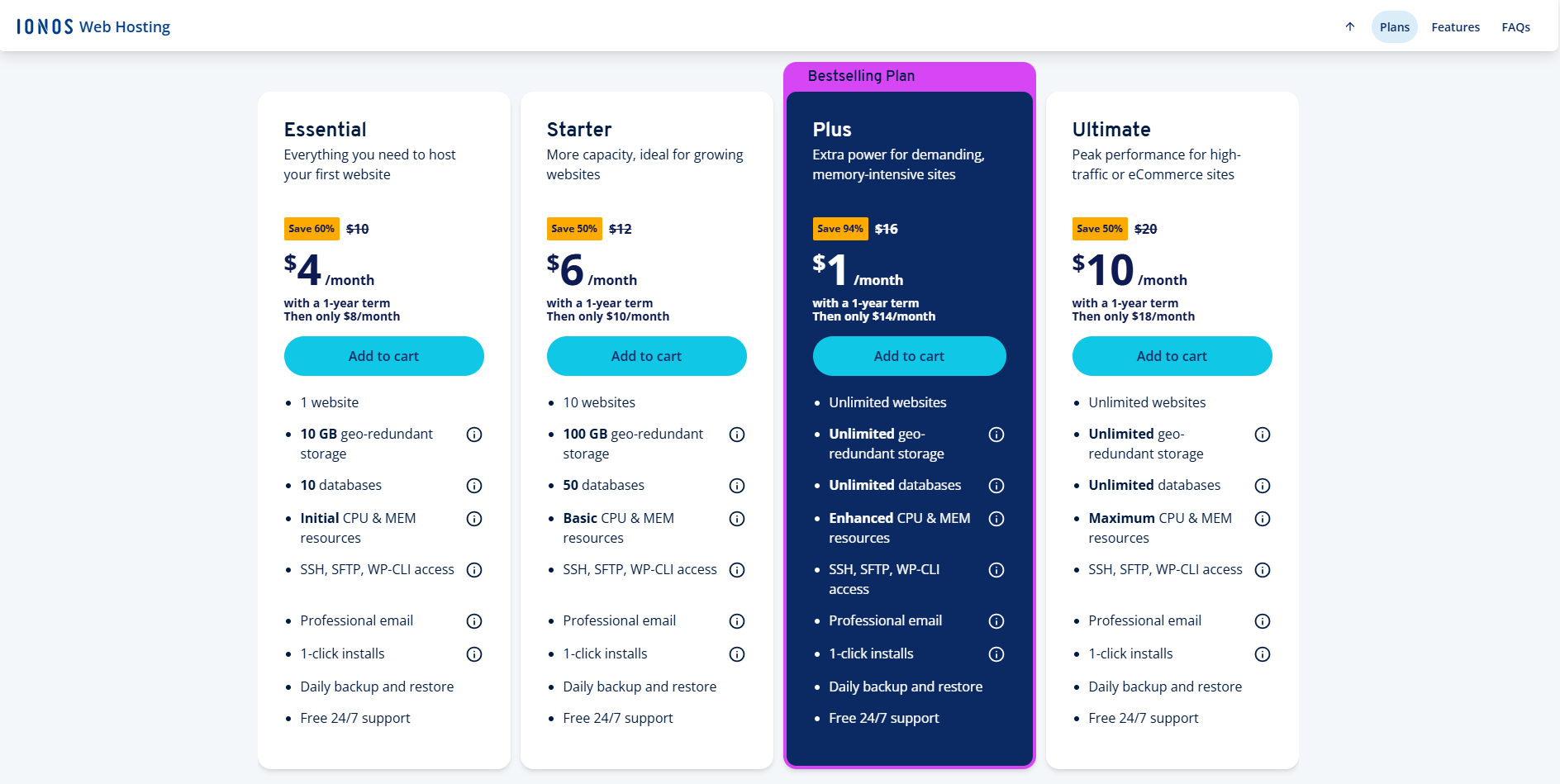 screenshot of IONOS web hosting plans