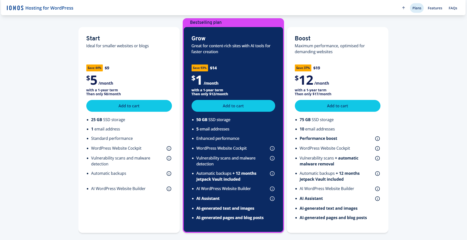screenshot of IONOS Managed WordPress plans