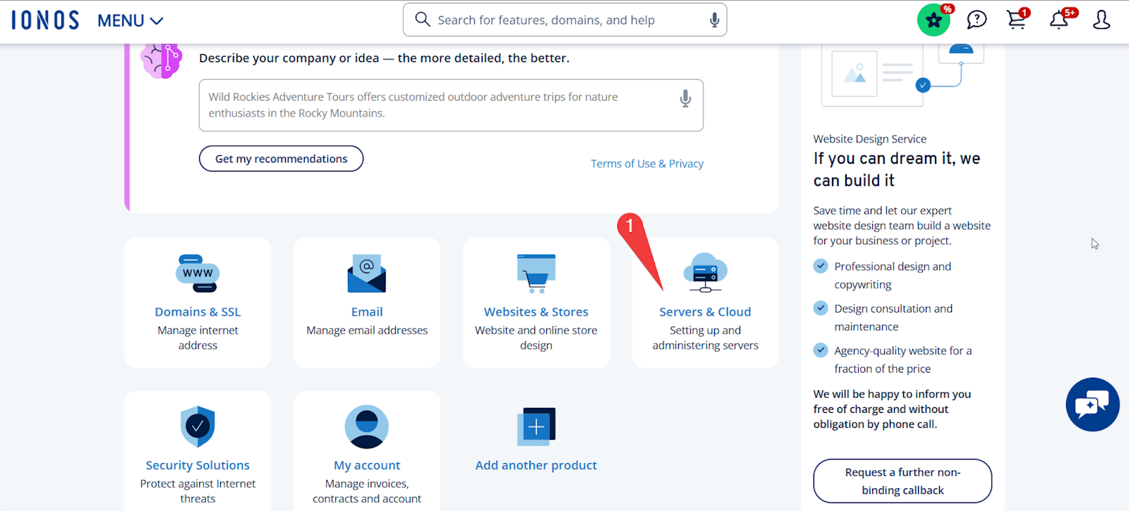 screenshot of IONOS dashboard Servers & Cloud button