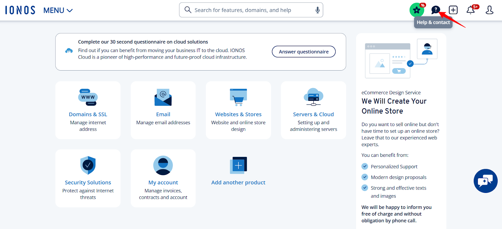 screenshot of IONOS dashboard 'Help & Contact' button