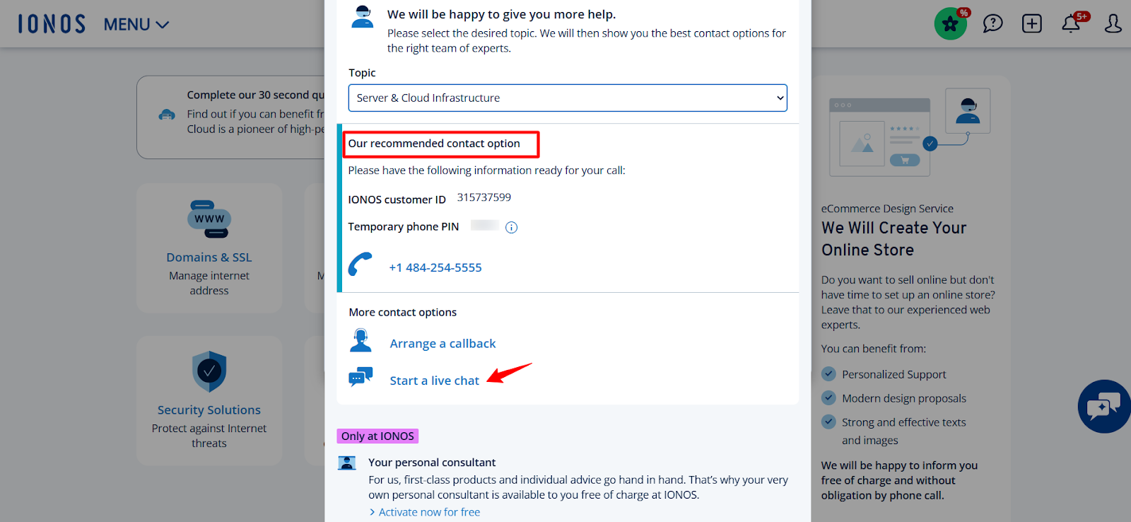 screenshot of IONOS dashboard help menu