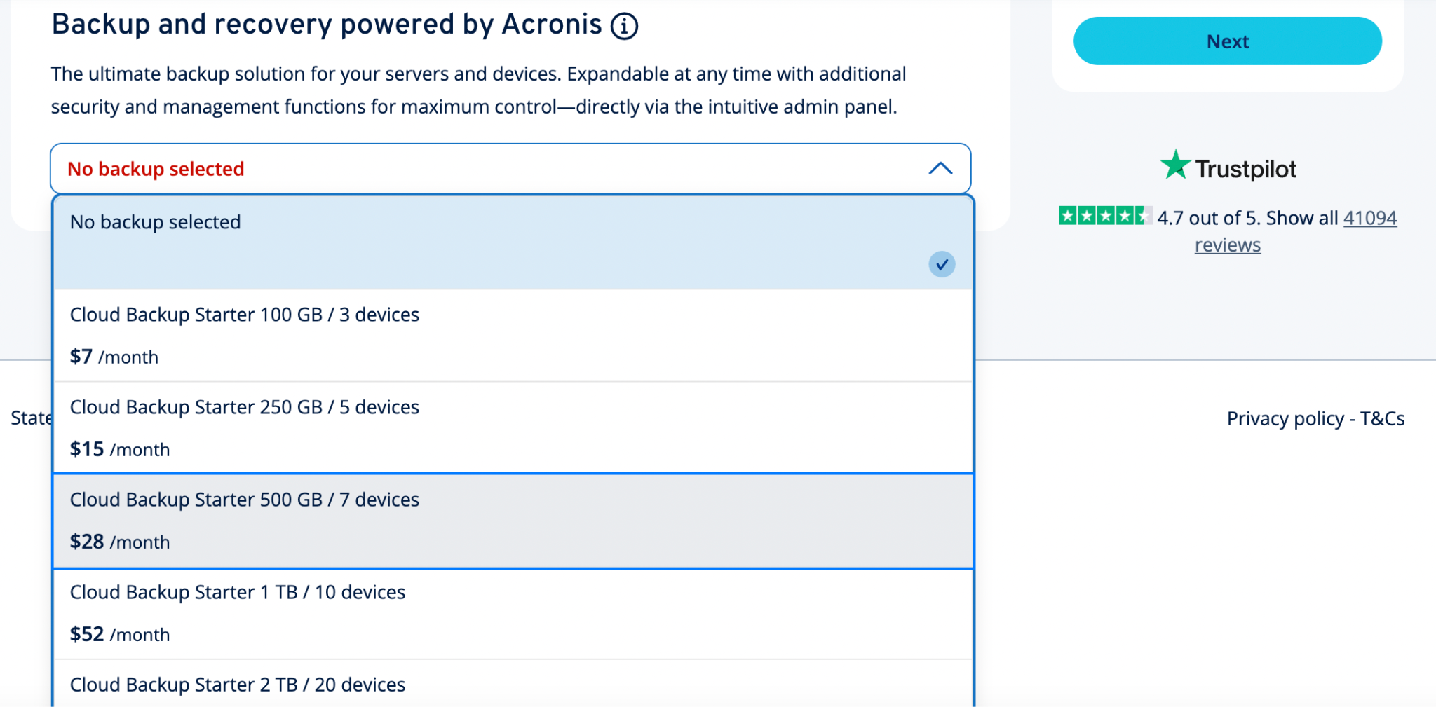 screenshot of IONOS backup options