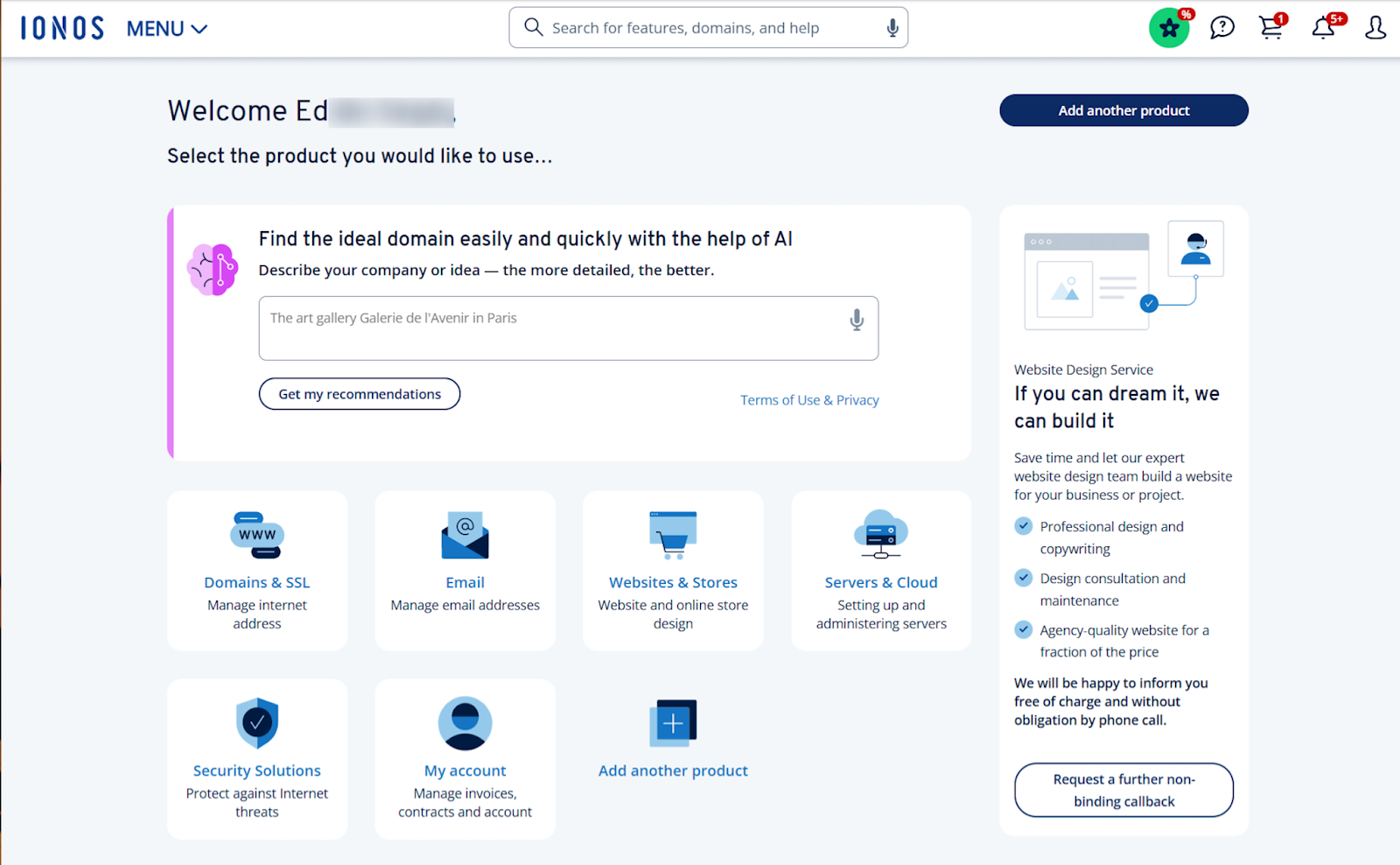 screenshot of IONOS dashboard