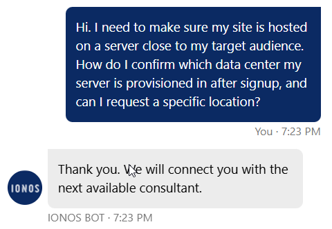 screenshot of IONOS Live chat conversation