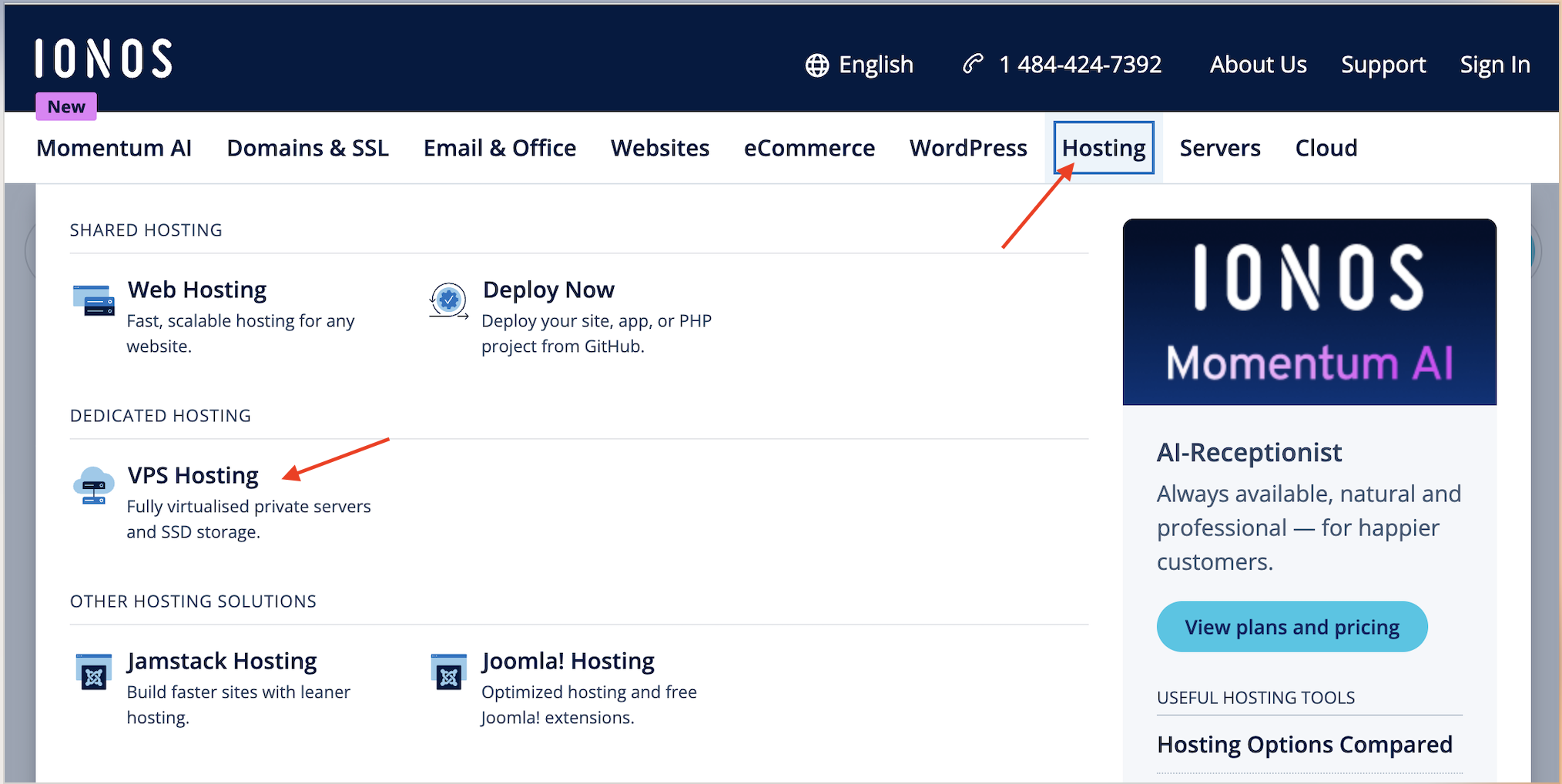 screenshot of IONOS website Hosting button highlighted