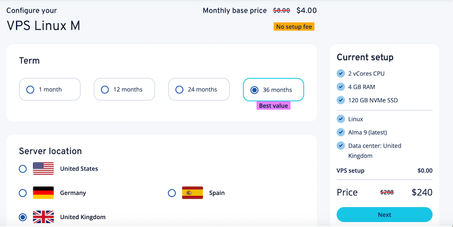 screenshot of IONOS VPS Hosting plan configurations