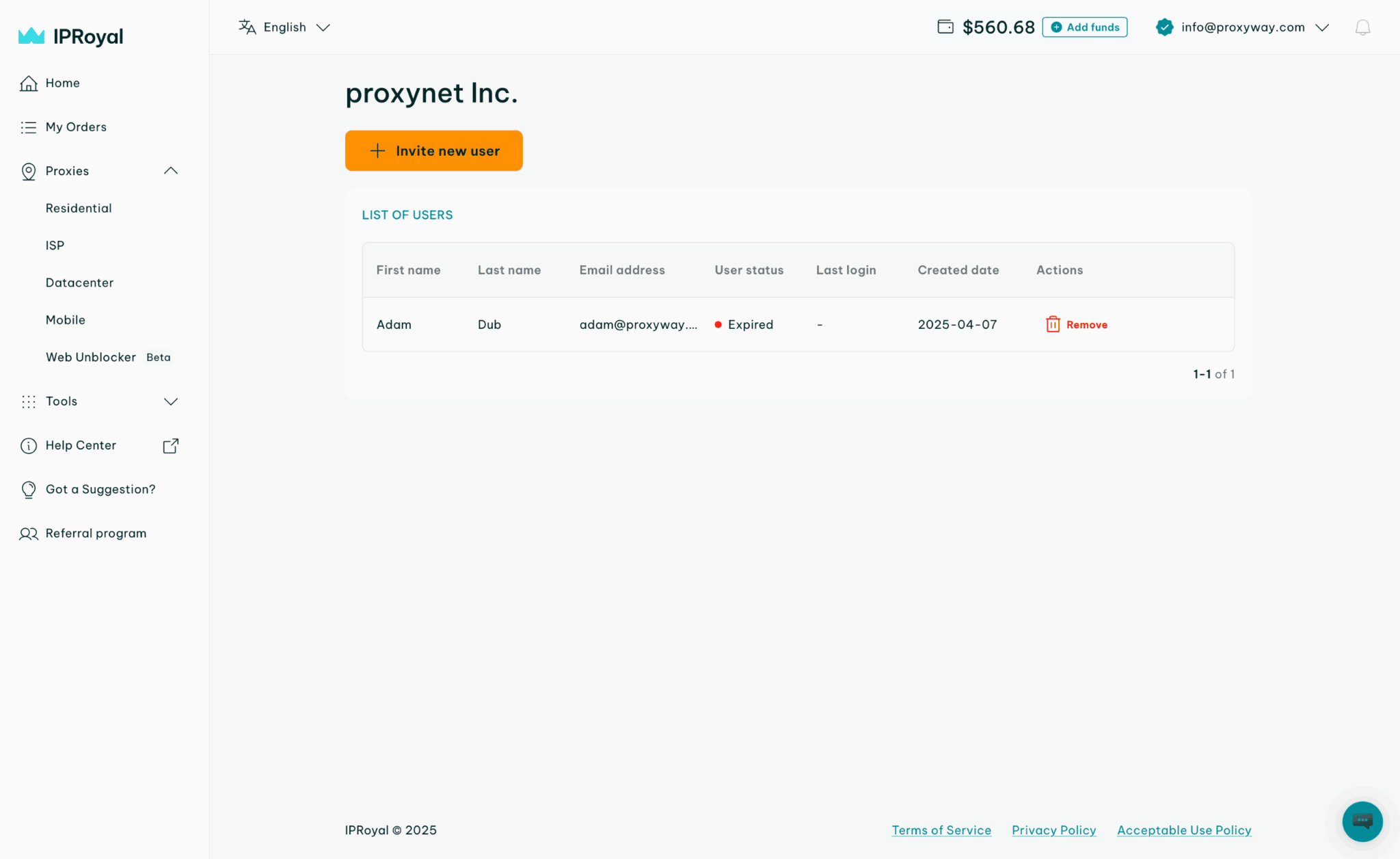 screenshot of IPRoyal dashboard