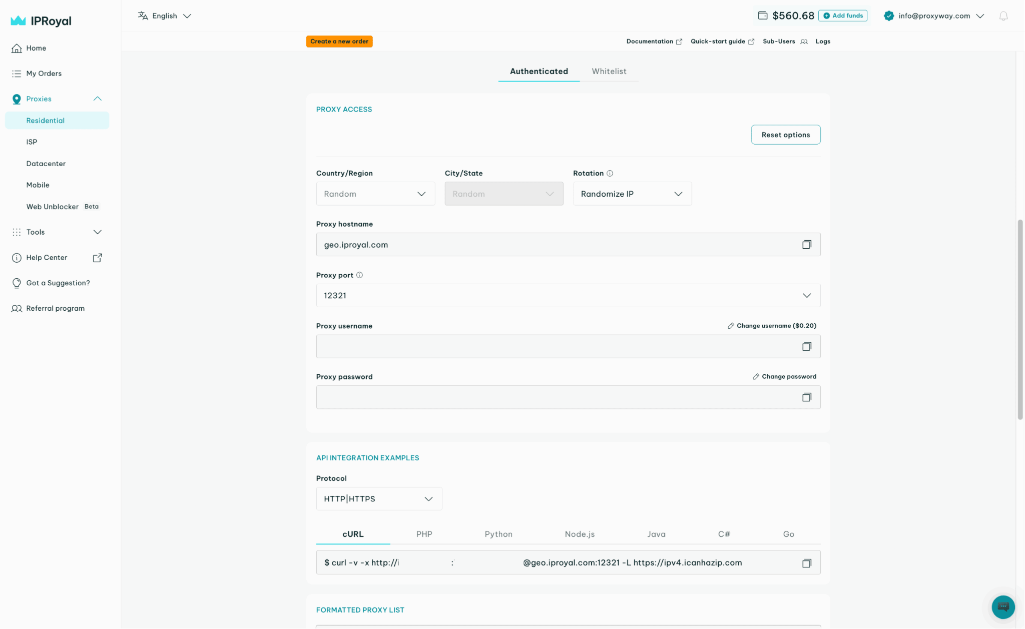 screenshot of IPRoyal Authenticated Residential proxies page
