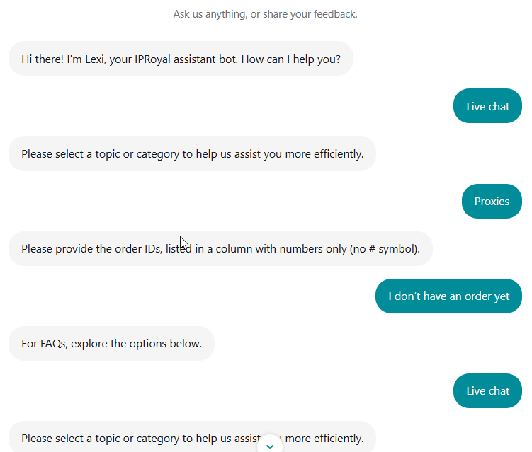 screenshot of IPRoyal live chat conversation