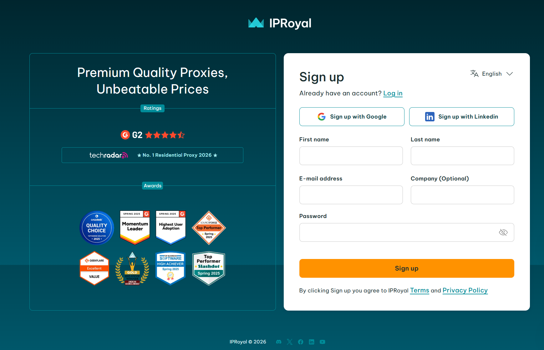 screenshot of IPRoyal sign up form