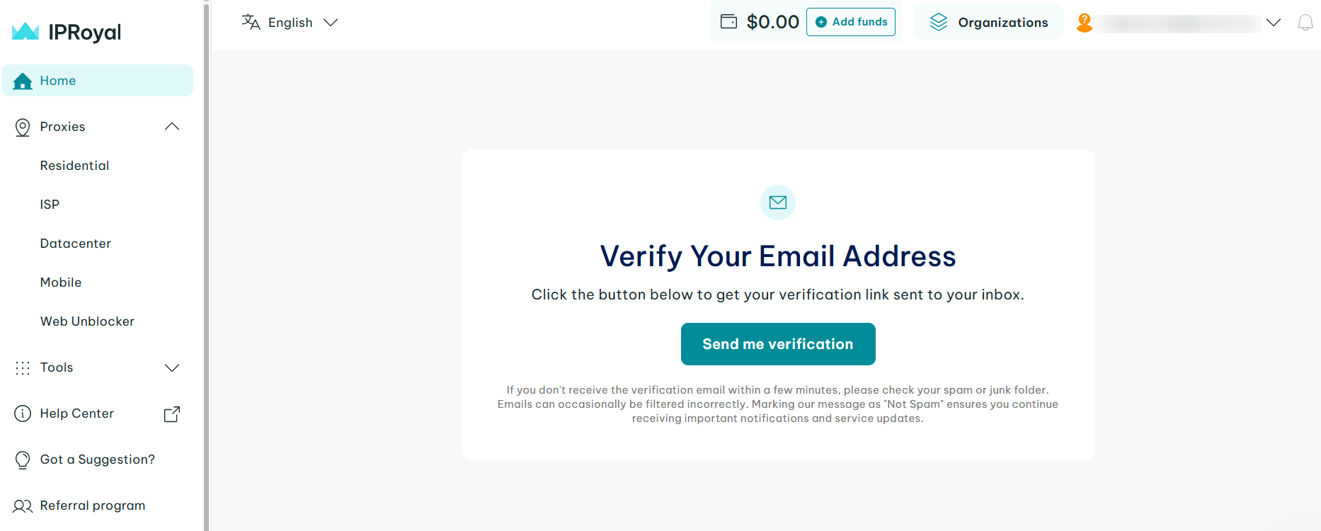 screenshot of IPRoyal dashboard