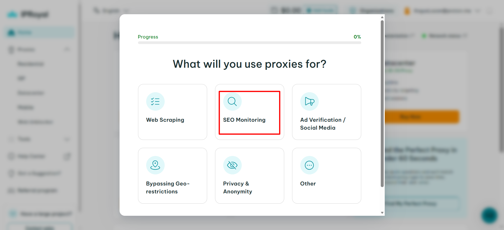 screenshot of IPRoyal SEO Monitoring option