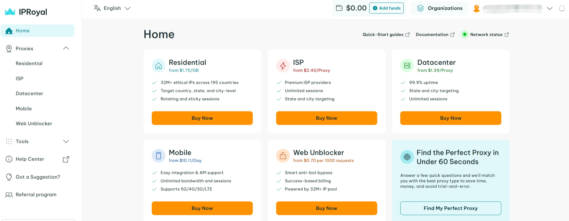 screenshot of IPRoyal dashboard