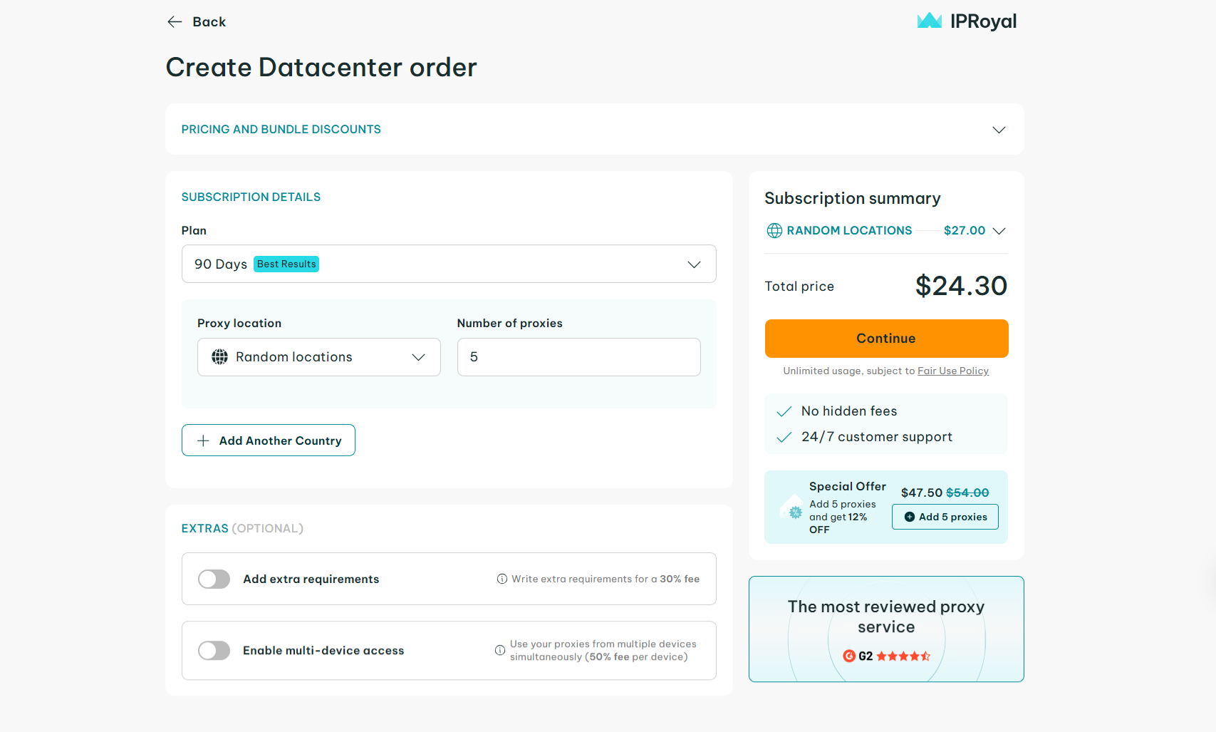 screenshot of IPRoyal Datacenter order