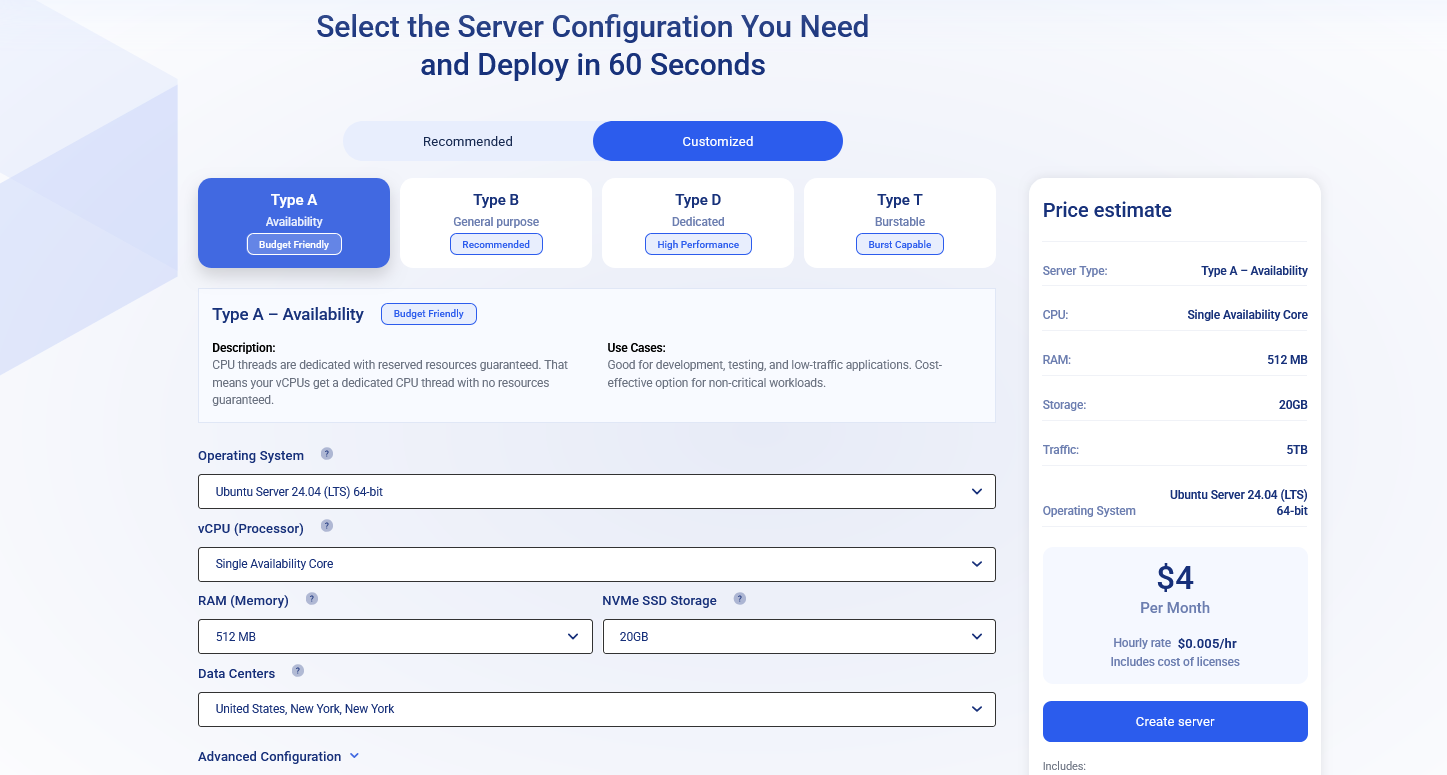 Kamatera RDP server pricing and configuration page