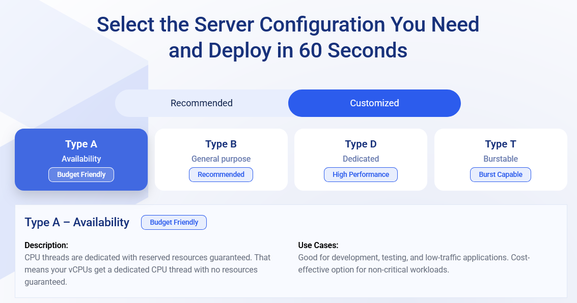 Kamatera server type selection screen