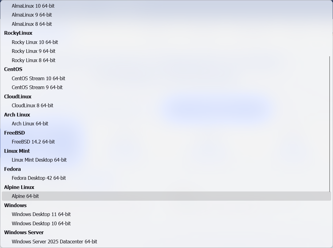 Kamatera operating system dropdown with Windows options