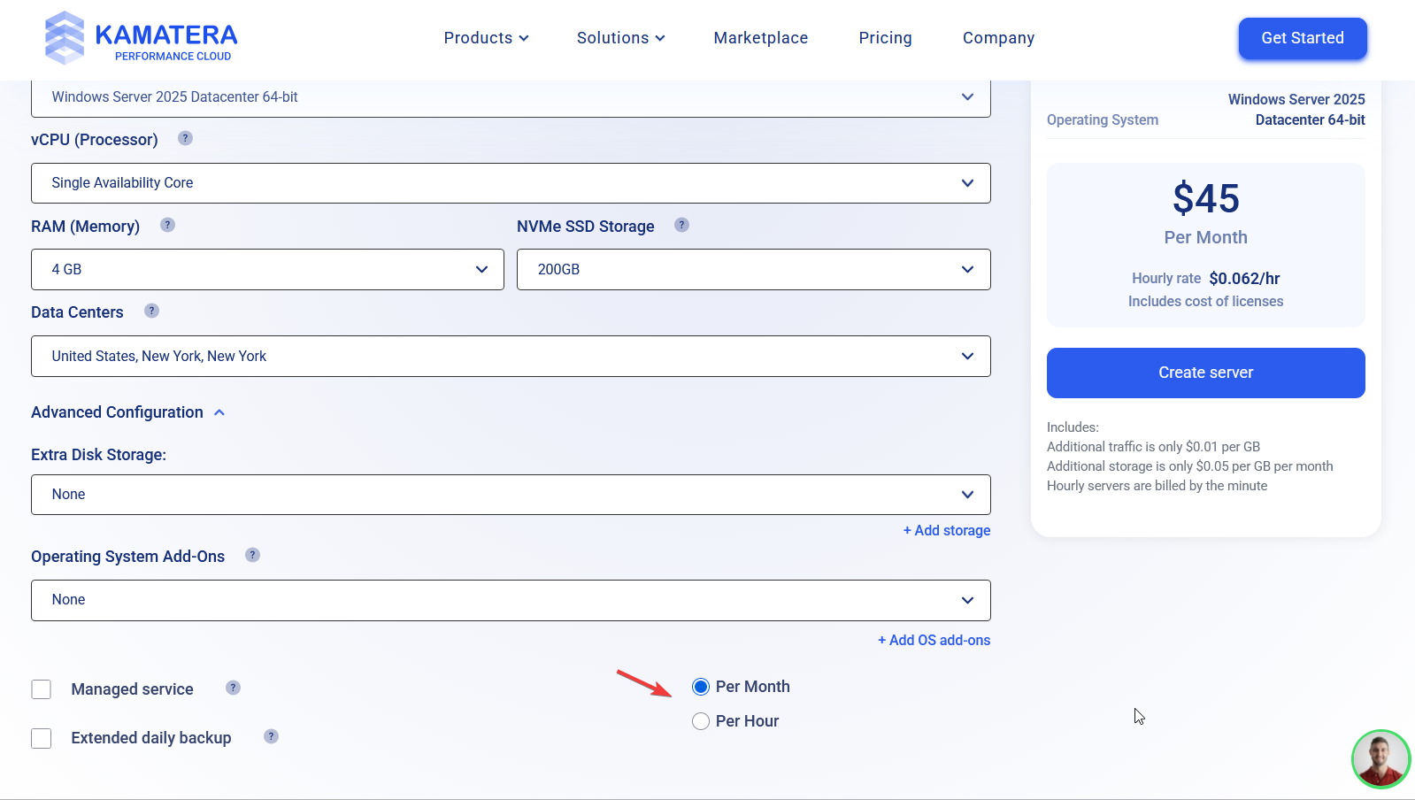 Kamatera billing toggle showing monthly and hourly pricing