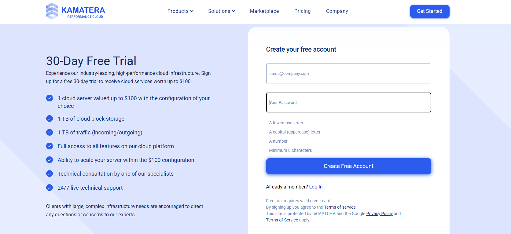 Kamatera account creation form for free trial signup