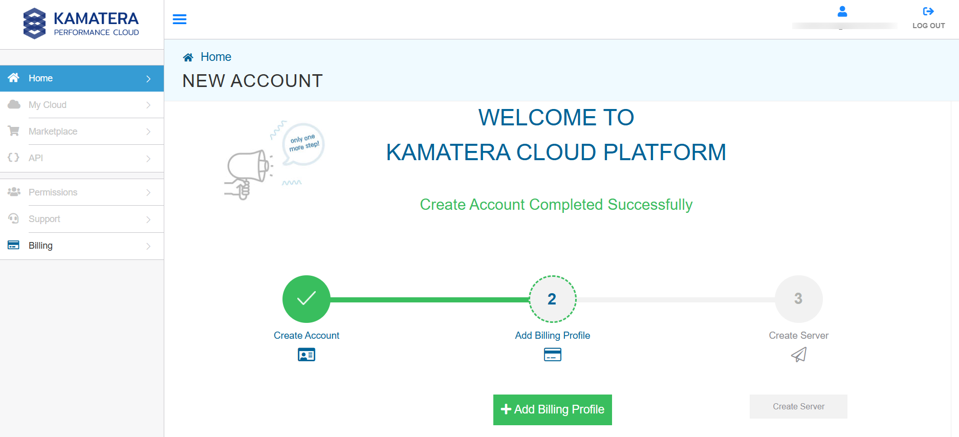 Kamatera dashboard showing billing profile and server creation steps
