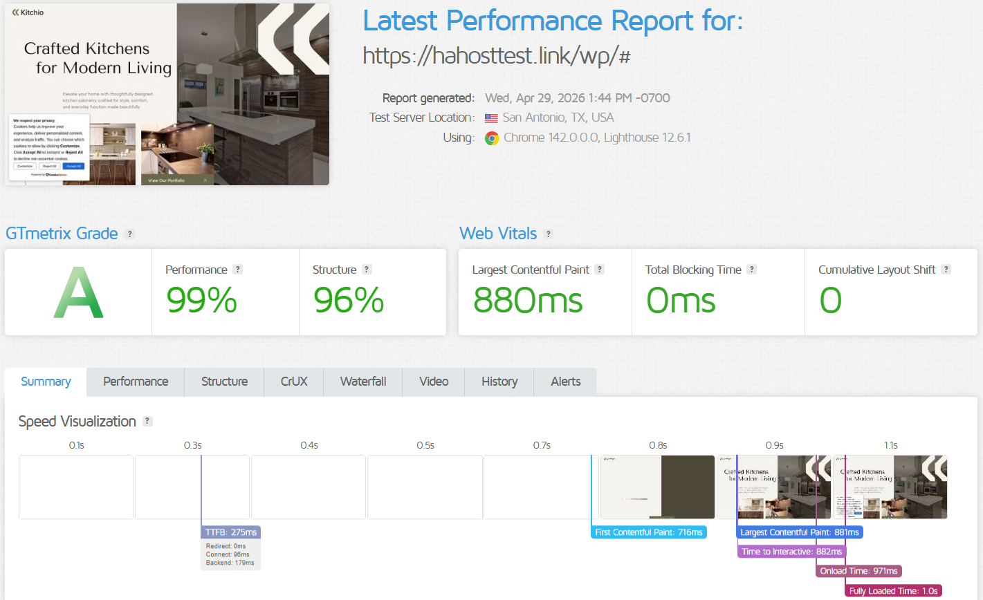 screenshot of Knownhost GTmetrix Performance test results