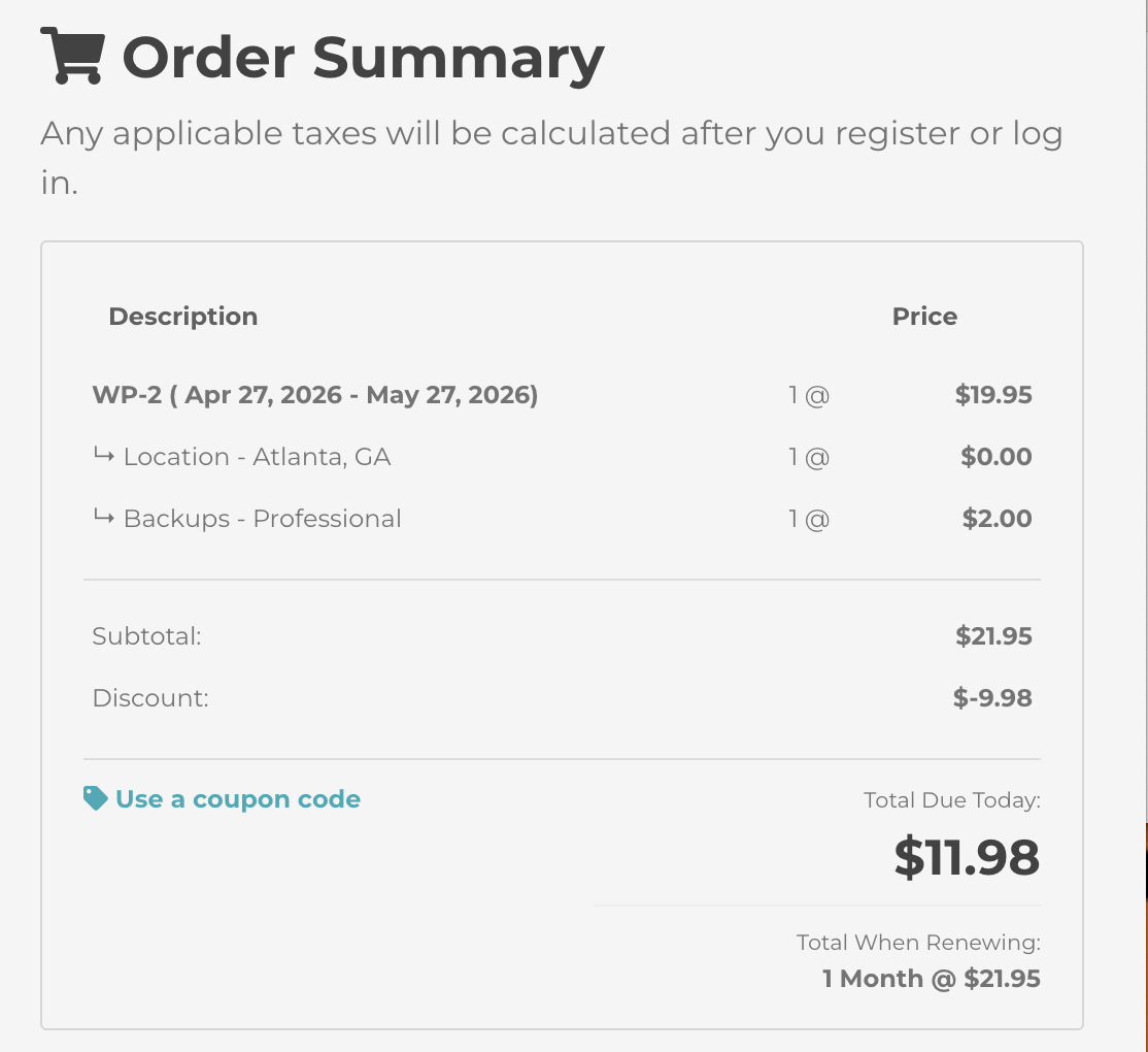 screenshot of Knownhost Order Summary