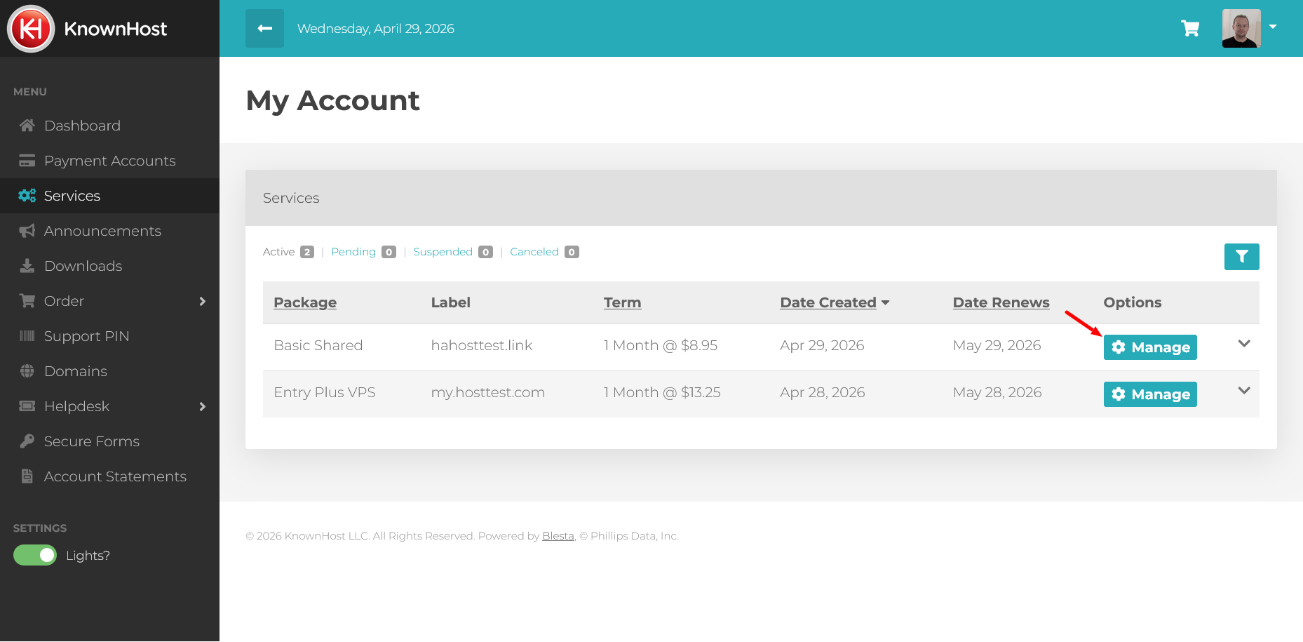 screenshot of Knownhost Dashboard Server management button