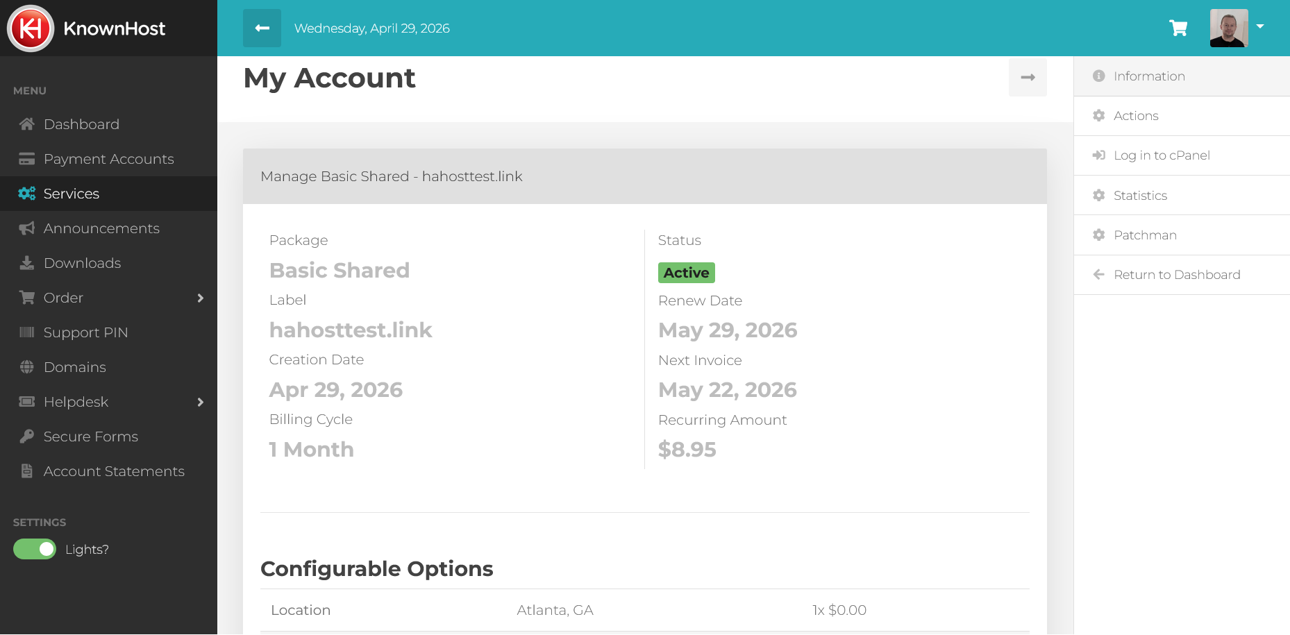 screenshot of Knownhost Account management page