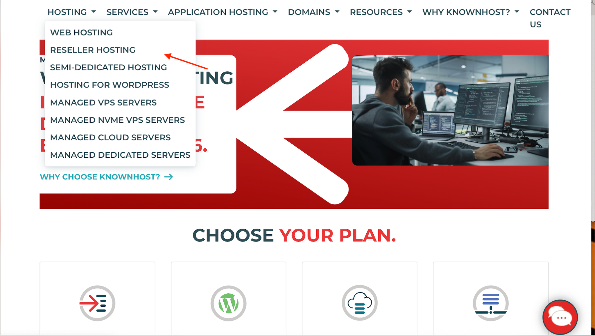 screenshot of Knownhost Services drop down menu
