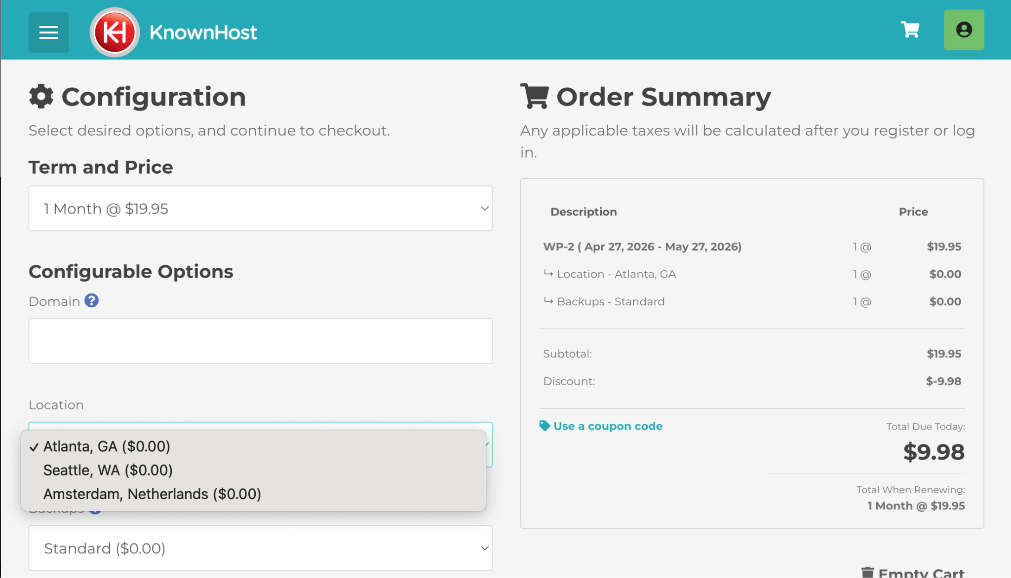 screenshot of Knownhost hosting plan confuguration