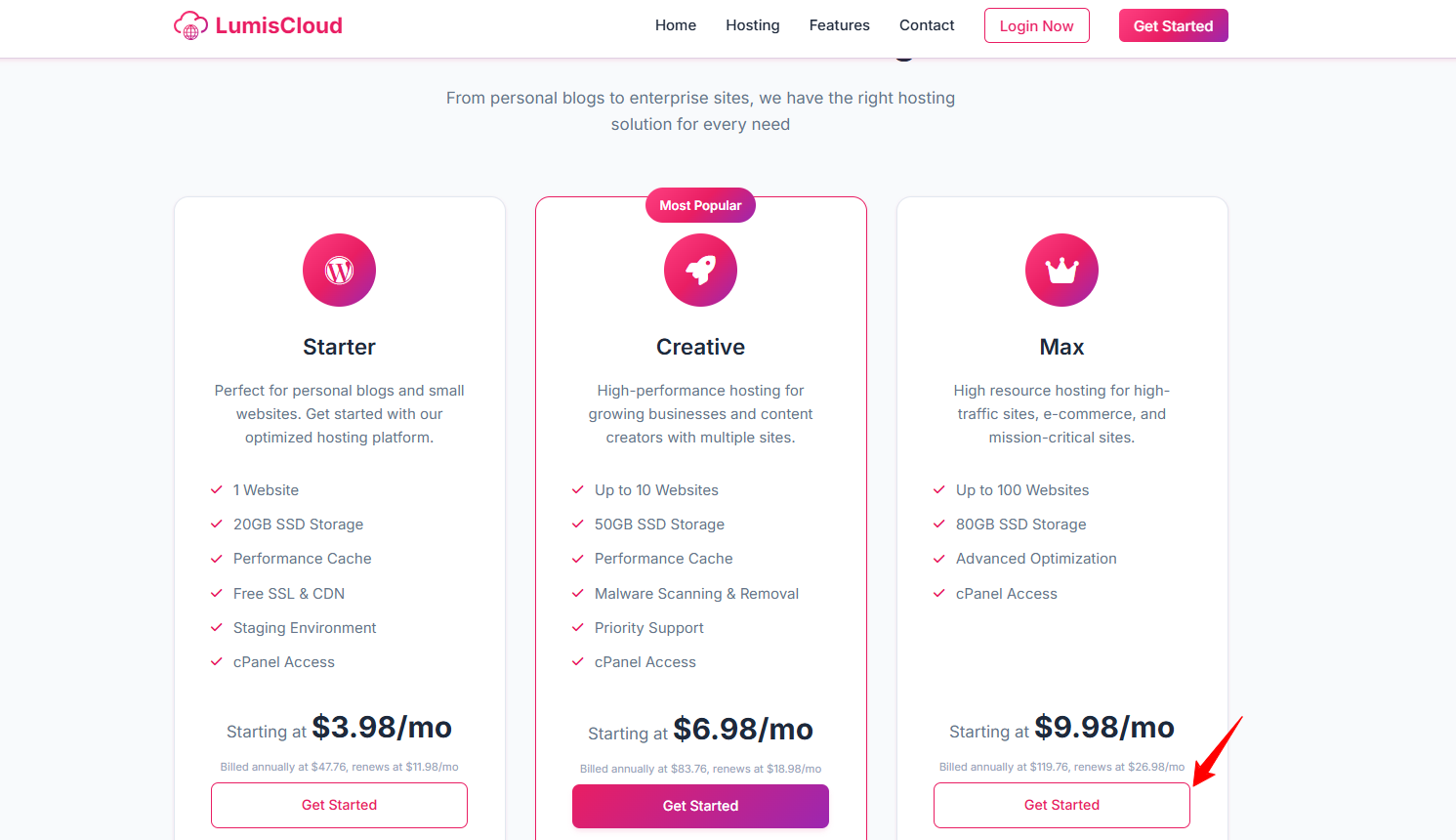 Screenshot der LumisCloud-Hosting-Tarife