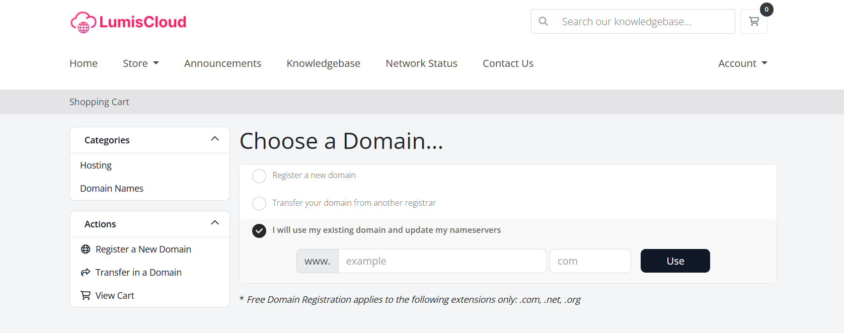 Screenshot des LumisCloud-Domain-Menüs
