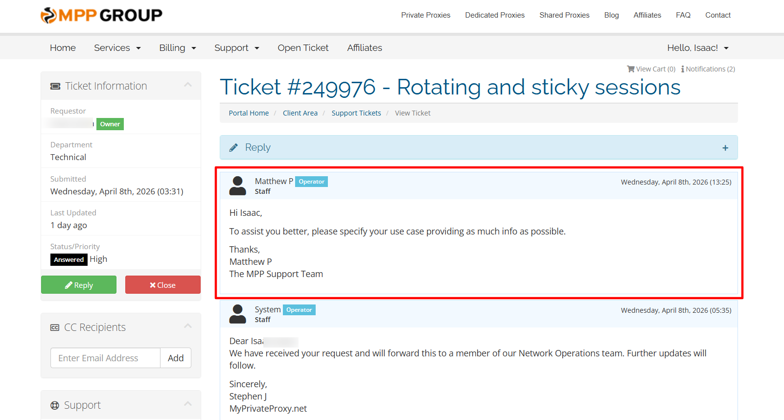 screenshot of MyPrivateProxy Ticket support conversation