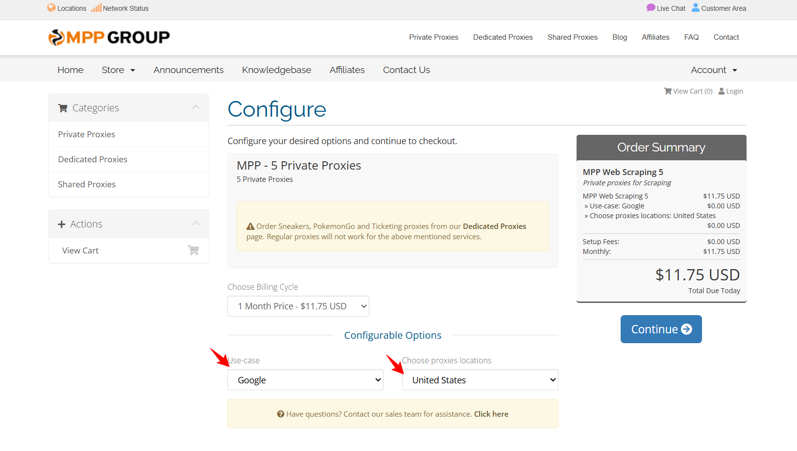 screenshot of MyPrivateProxy plan configurations
